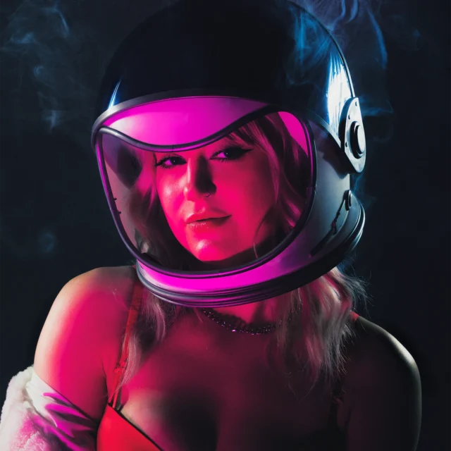 DaBin kr inspired space cosplay model posing in futuristic lighting with smoke and lingerie portrait