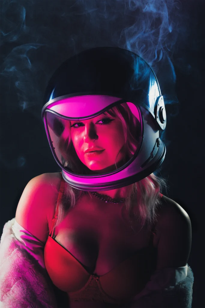 DaBin kr inspired space cosplay model posing in futuristic lighting with smoke and lingerie portrait